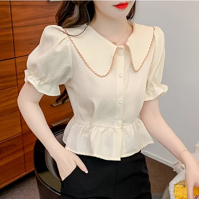 Vintage Summer Crop Tops Women Blouses 2024 Fashion Short Sleeve Blusas Femininas Korean Style Slim Puff Sleeve Chiffon Shirts