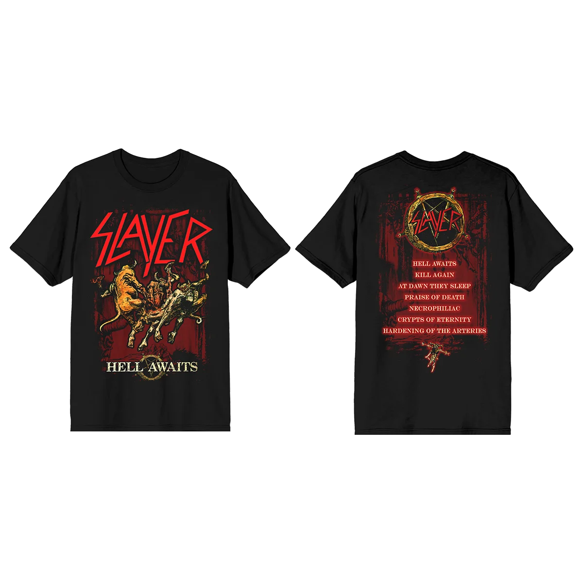 Slayer Hell Awaits Double-Sided Album Theme T-Shirt – Front Artwork & Back Tracklist Print Cotton Apparel for Thrash Metal Fans