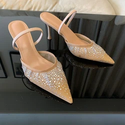 2025 Women High Heels Sandals Summer Fashion Mesh Rhinestone Slingback Woman Pumps Elegant Woman Sandals Party Lady Shoes