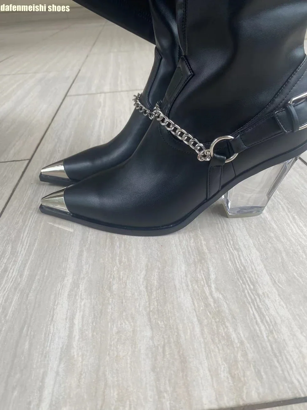 2025 New Women Over Knee Boots Black Leather Clear Chunky Heel Metallic Square Toe Fashion Boots Side Zipper Ankle Chain Shoes