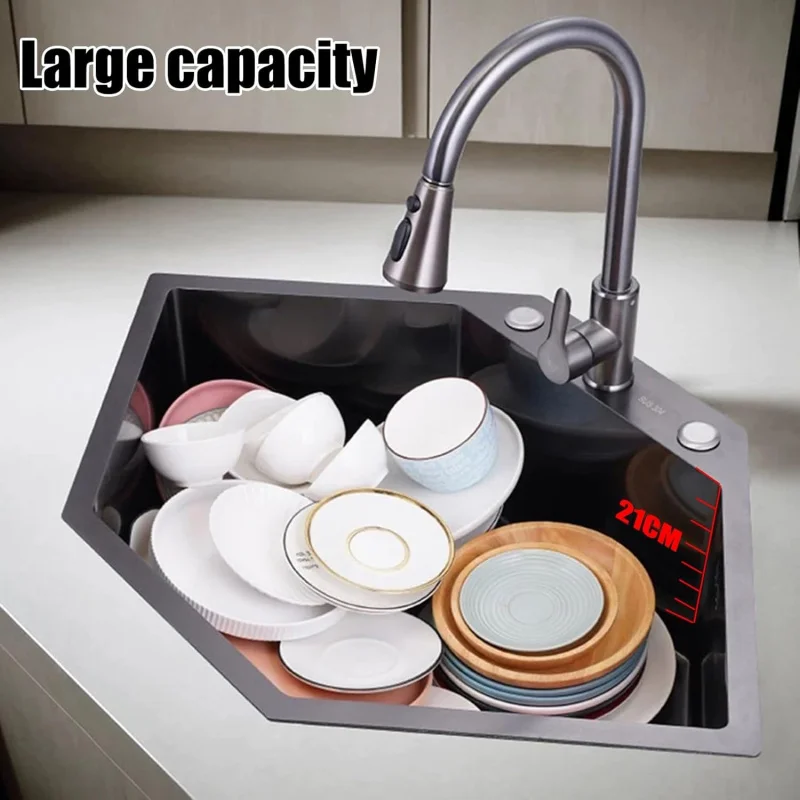 

(UUT)Угловая кухонная мойка с выдвижным краном, большая раковина ручной работы из нержавеющей стали с одной чашей (черный, серый, 84*55 см) EG