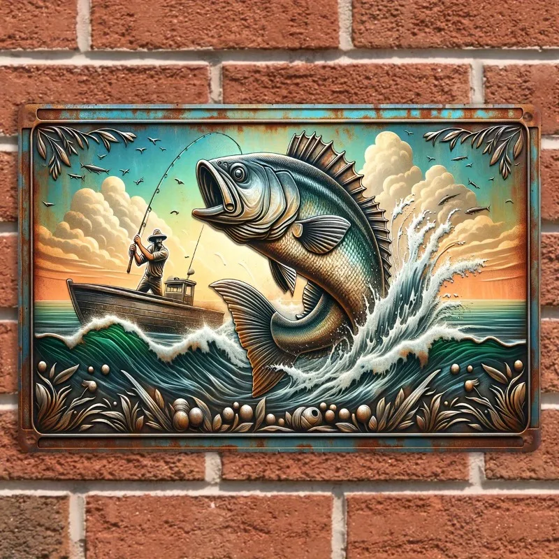 

Vintage Metal Tin Fishing Theme Sign, "Let's Go Fishing" Artistic Wall Decor Plaque, Aluminum Poster for Man Cave, Bar, Home