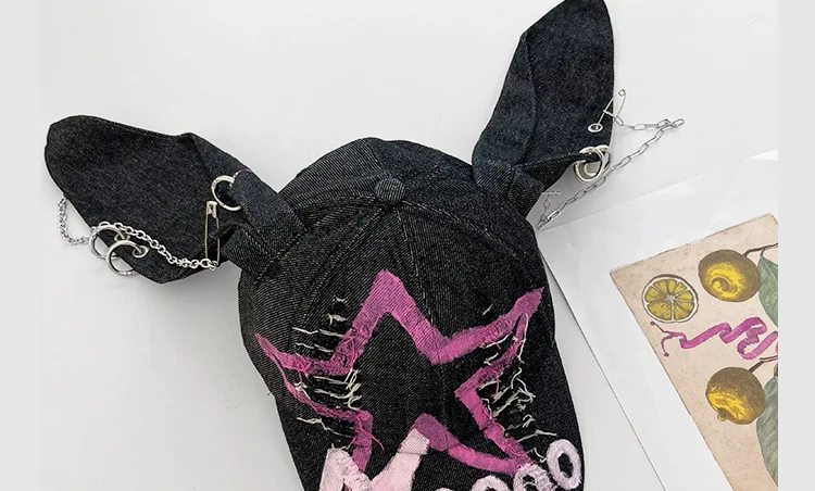 Rabbit Eared Cowboy Ripped Baseball Cap Dark Punk Hottie Photos Peaked Cap