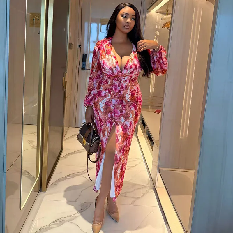 Trend Women's Clothes With Print, High-end Deep V-neck Body Skirt Waist-cinching Long Sleeves, Slit, And Stiglich Design Y2k、