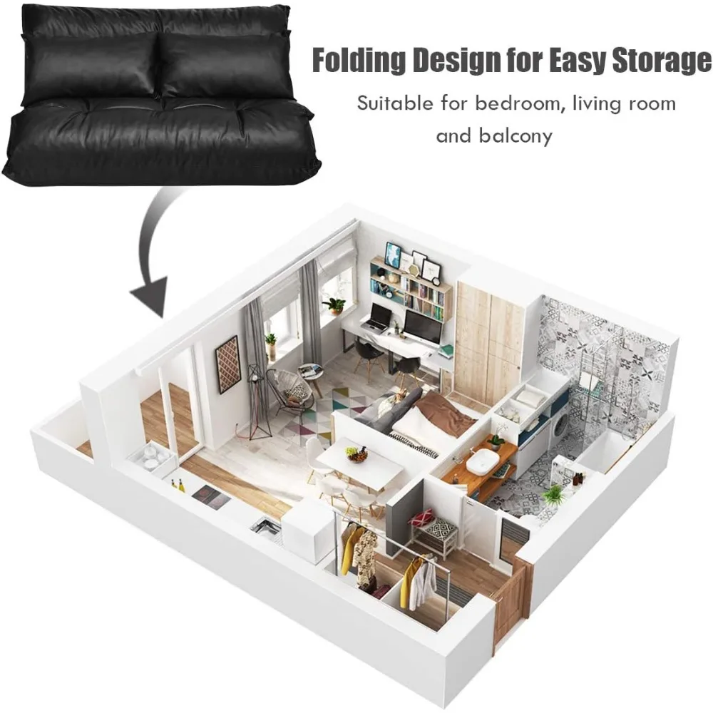 أريكة سرير قابلة للتحويل مع وسائد، كرسي بمقعدين من جلد البولي يوريثان، أريكة نوم كسولة قابلة للطي، 5 أوضاع قابلة للتعديل