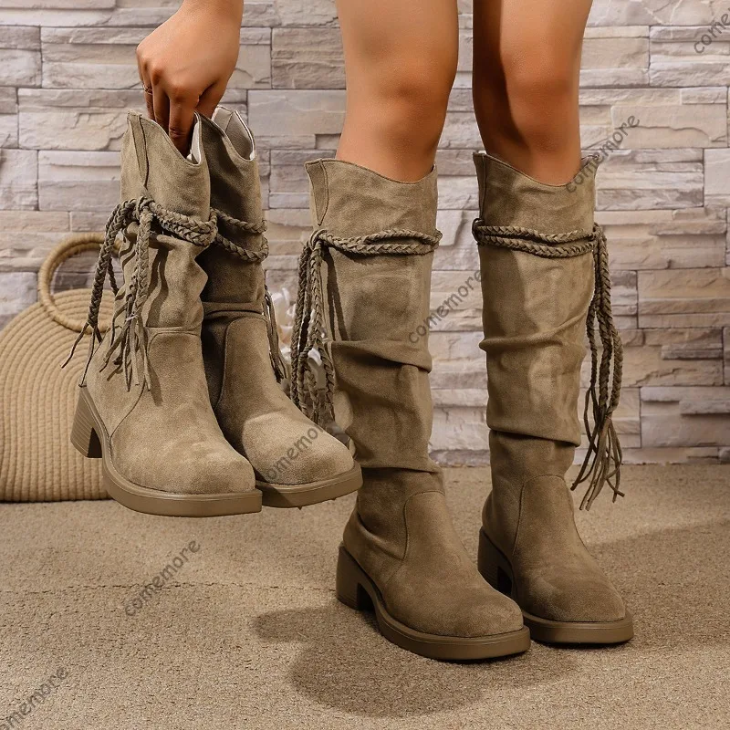Comemore Khaki Retro Platform Knee High Boots Thick High Heels Shoes for Women Fashion Autumn Stacked Long Knight Botas Female