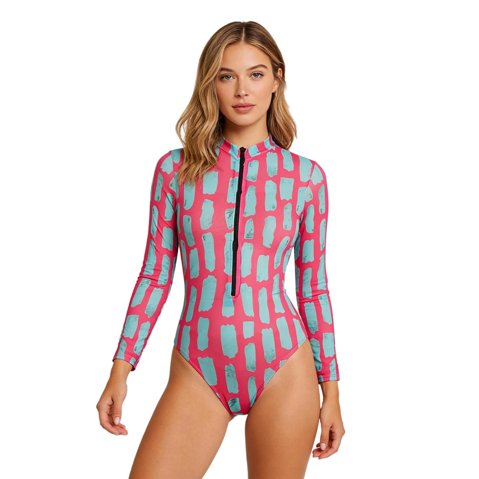 2026 Women UV Protection Long Sleeve One Piece Swimsuit Mock Neck Zipper Front Printed Swimming Bodysuit for Beach Surfing