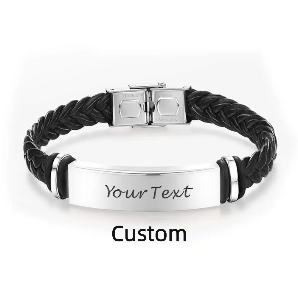 

Custom Laser Engraving Stainless Steel Bracelets Personalized Man engraved blank Leather Bracelet Name Logo ID Text Mijoymi gift