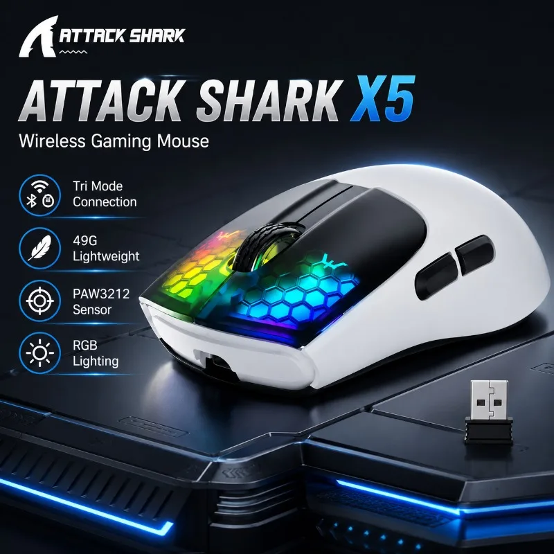 ATTACK SHARK X5 Wireless Gaming Mouse Tri Mode Bluetooth 2.4G USB C Wired PAW3212 Sensor RGB 49G Lightweight For PC Mac Gamer