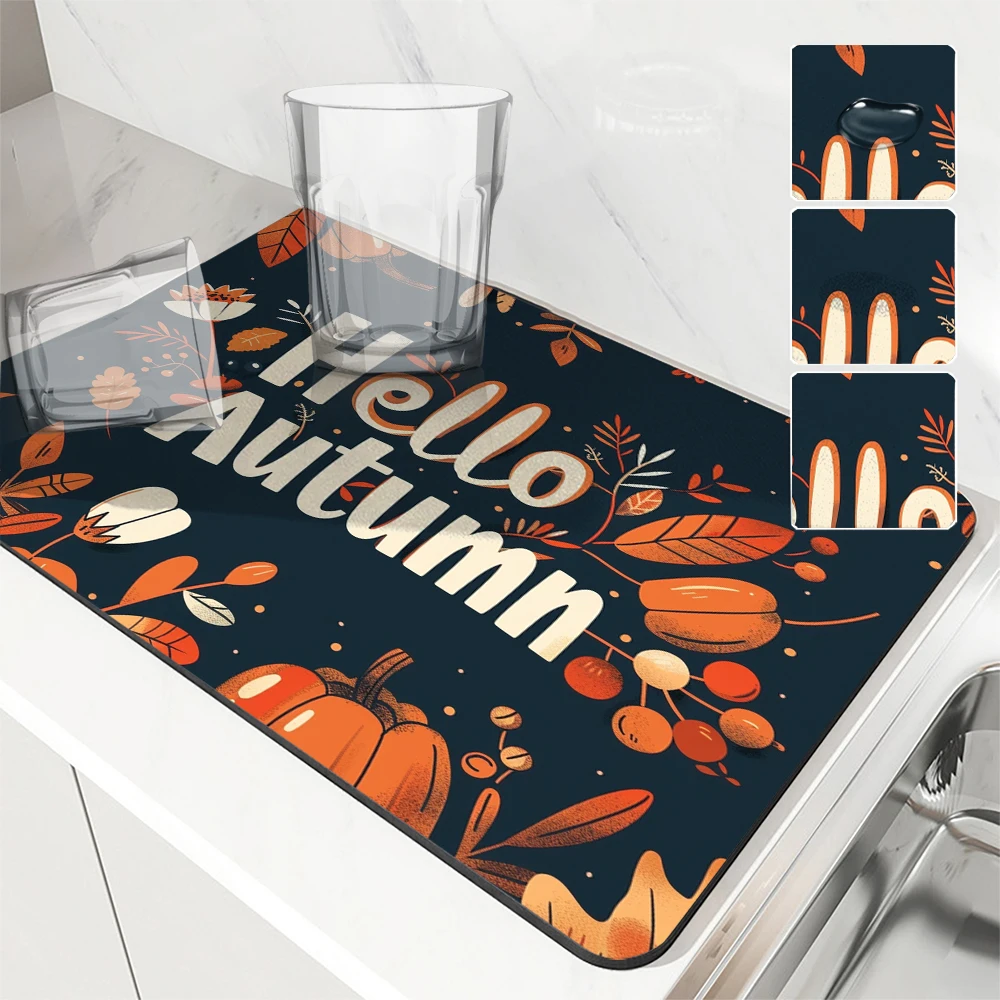 Absorbent Mat Autumn Pumpkin Maple Leaf Letters Kitchen Antiskid Drying Mat Quick Dry Bathroom Drain Pad Tableware Mat