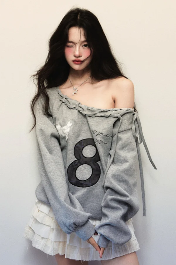

Korejpaa American Style Sweatshirts Women Sloping Shoulder Hoodie 2025 Spring Autumn Straps Embroidered Casual Top Ins Clothes