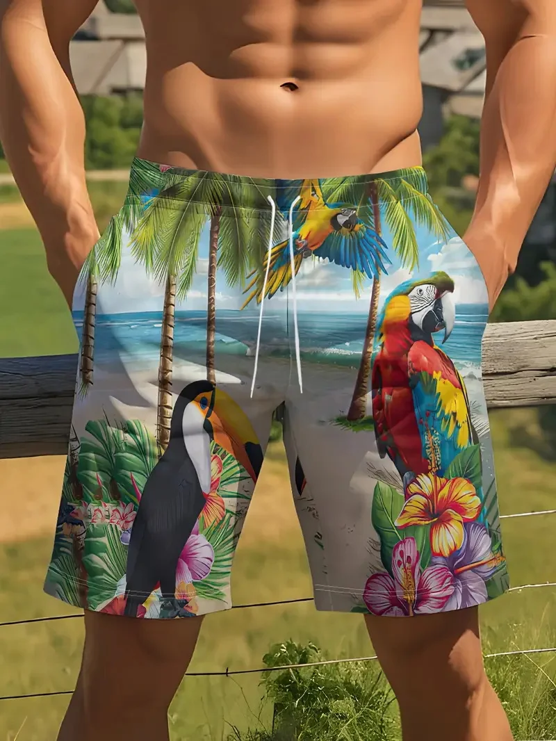 

Men's Tropical Parrot Print Drawstring Shorts Full Print Summer Oversized Beach Shorts Men's Swimming Trunk Beachwear