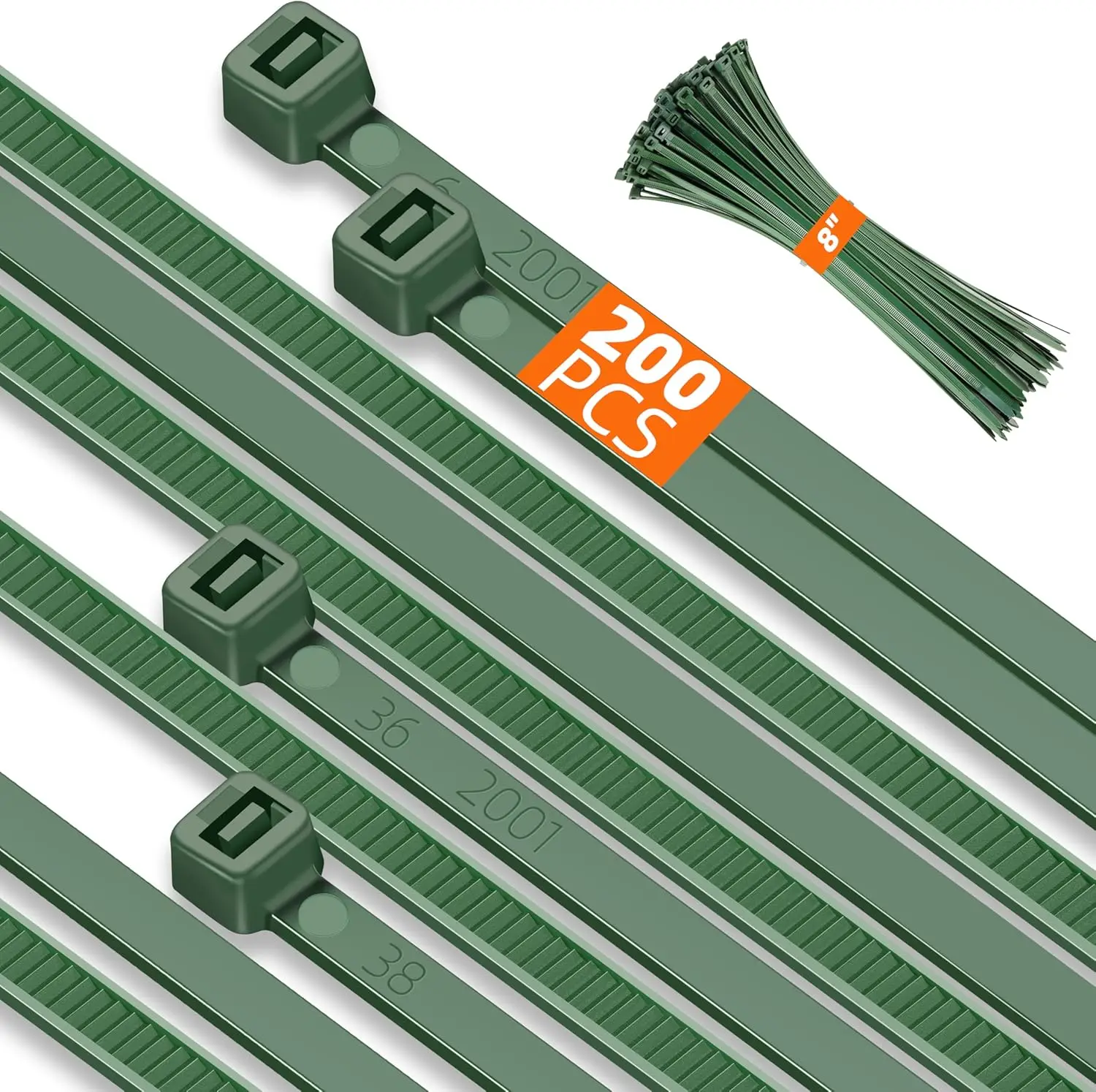 

8 Inch Green Zip Ties 200 Pack, 45 Lbs Nylon Cable Ties, 3.6mm Wide Heavy Duty Self-Locking for Indoor Outdoor Gardening