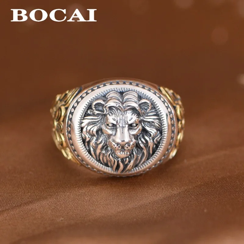 BOCAI 100% S925 Silver Jewelry Retro Punk Style Trendy Gold Ivy Lion Ring for Men Personalized Gift