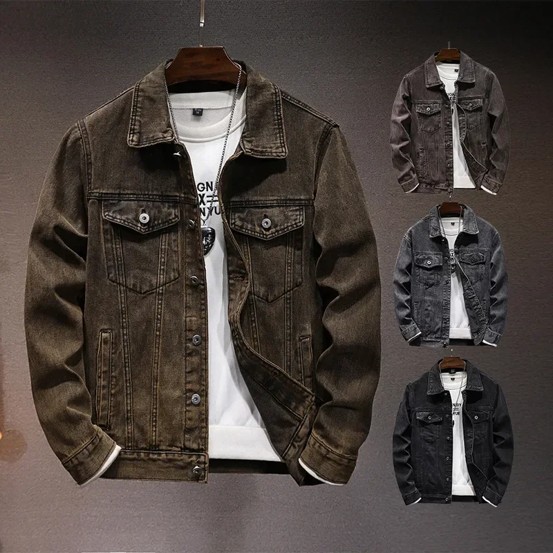

Spring Autumn New Fashion Men's Casual Trendy Washed Vintage Jeans Jacket Coat Solid American Turn-down Collar Denim Coat Male