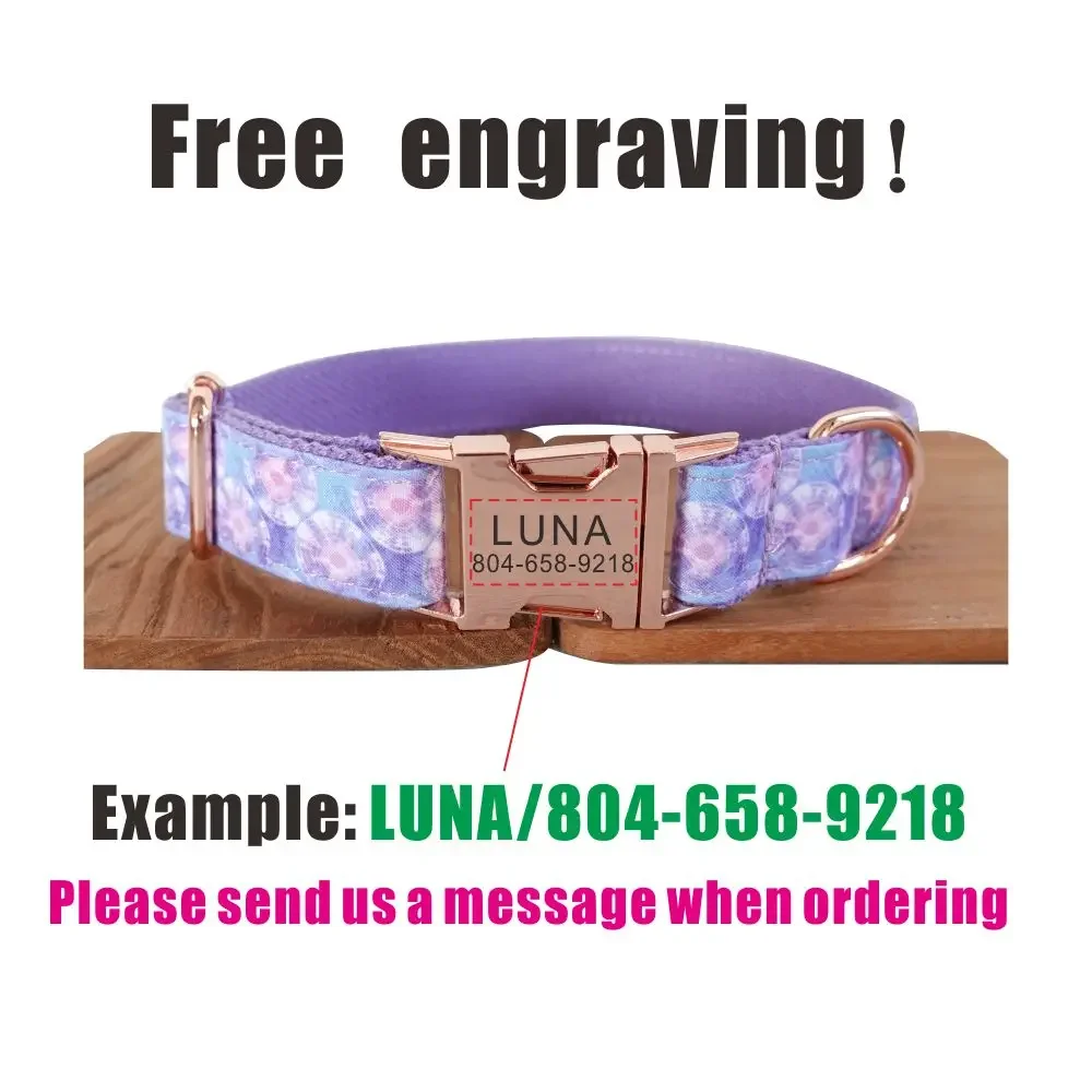 Personalized Dog Collar Custom Pet Collar Free Engraving ID Name Tag Pet Accessory Purple Flower Puppy Collar Leash