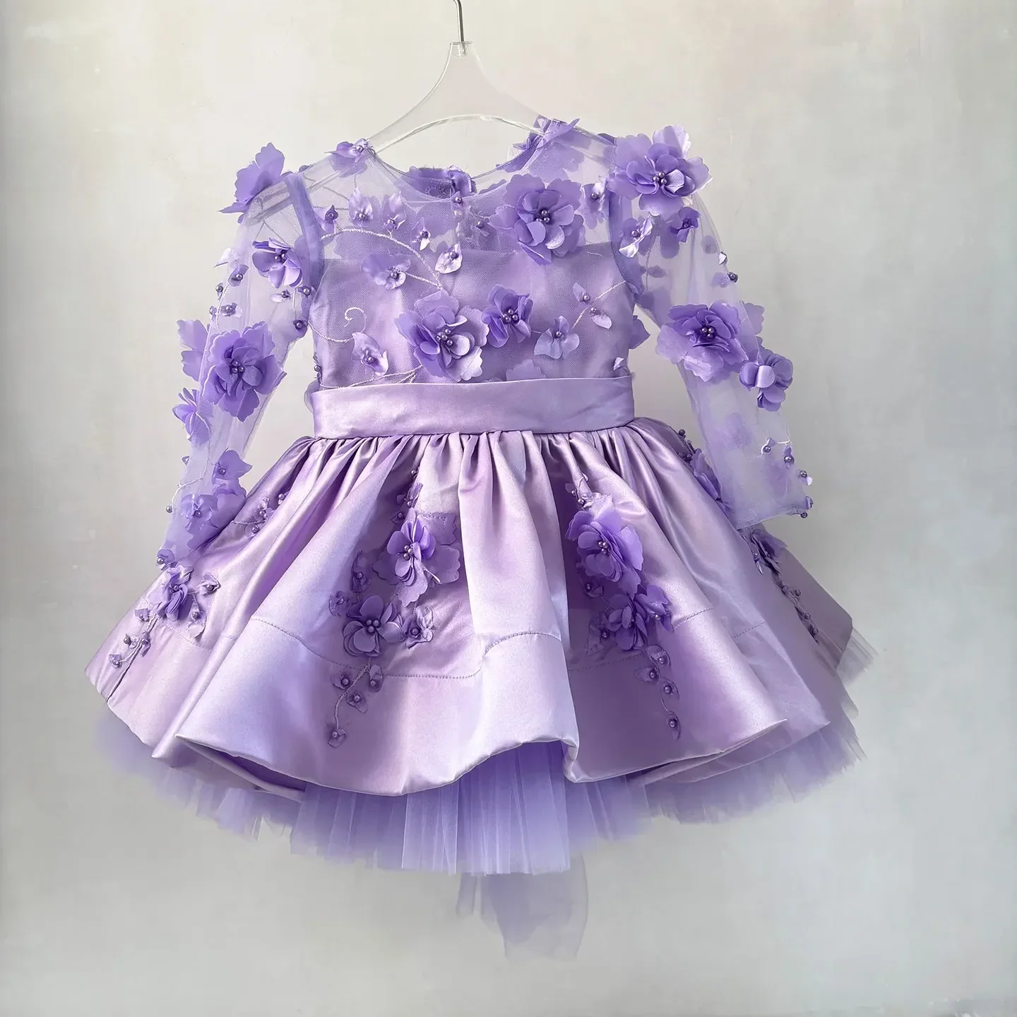 

Elegant Purple Customized Flower Girl Dress for Wedding 3D Floral Appliques Satin Kids Birthday Party First Communion Gowns