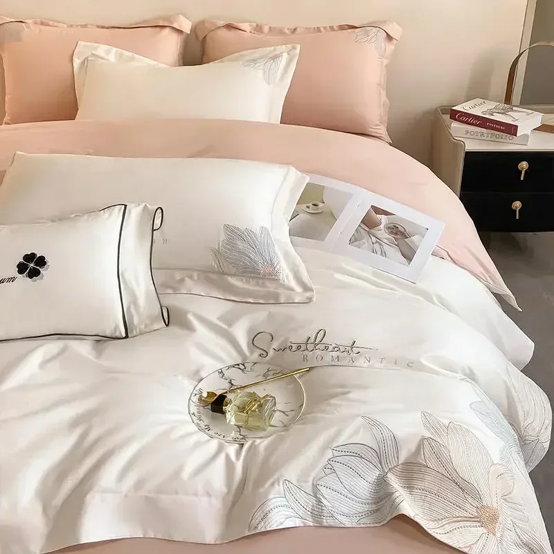 

Embroidery 100% Cotton Bedding Set Luxury Home Textile Duvet Cover Set 220x240 High End Hepburn Style Skin Friendly Bedding Sets