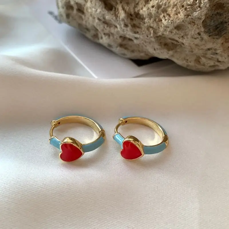 Oil-drip Craftsmanship, Vintage Red Love Heart and Blue Temperament Small Earrings for Women, Exquisite and Fashionable