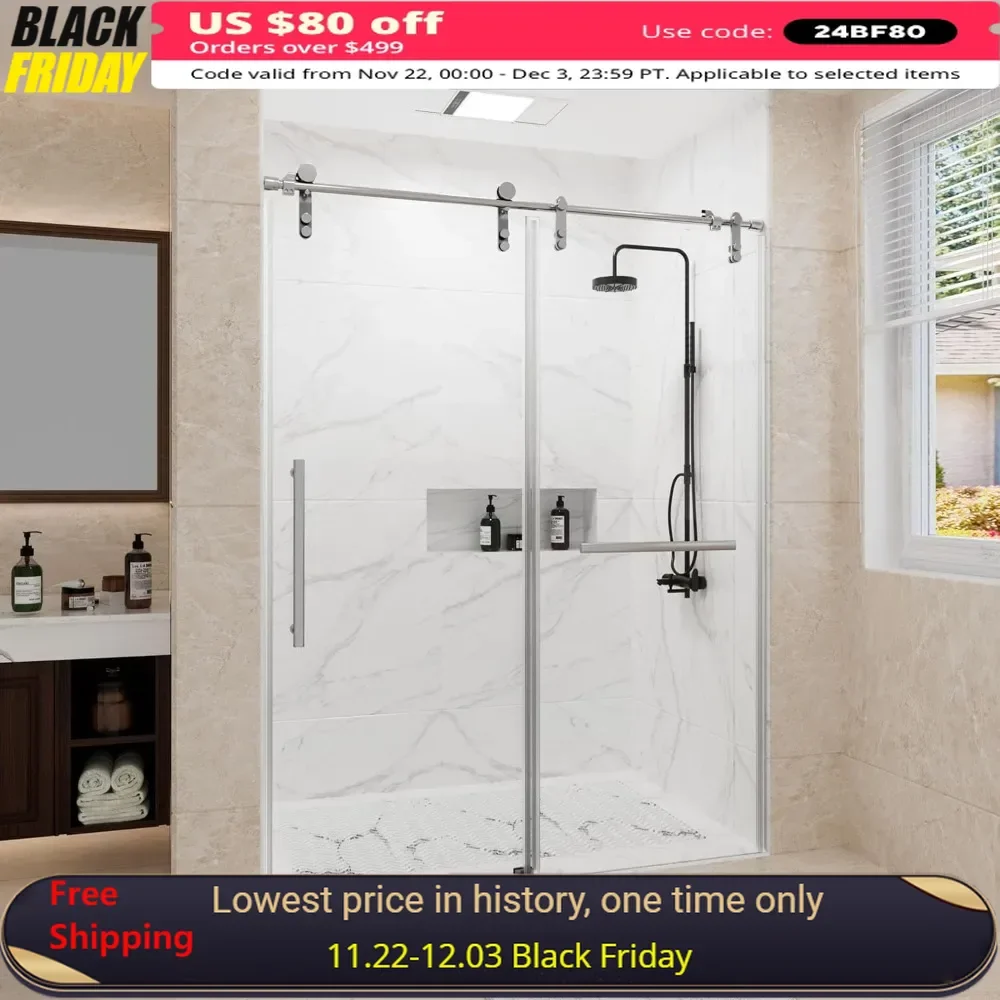 Shower Door, 56-60 W X 76 H Frameless with 5/16(8mm) Clear Tempered Glass W/Seal Strip Parts and Handle, Sliding Shower Door