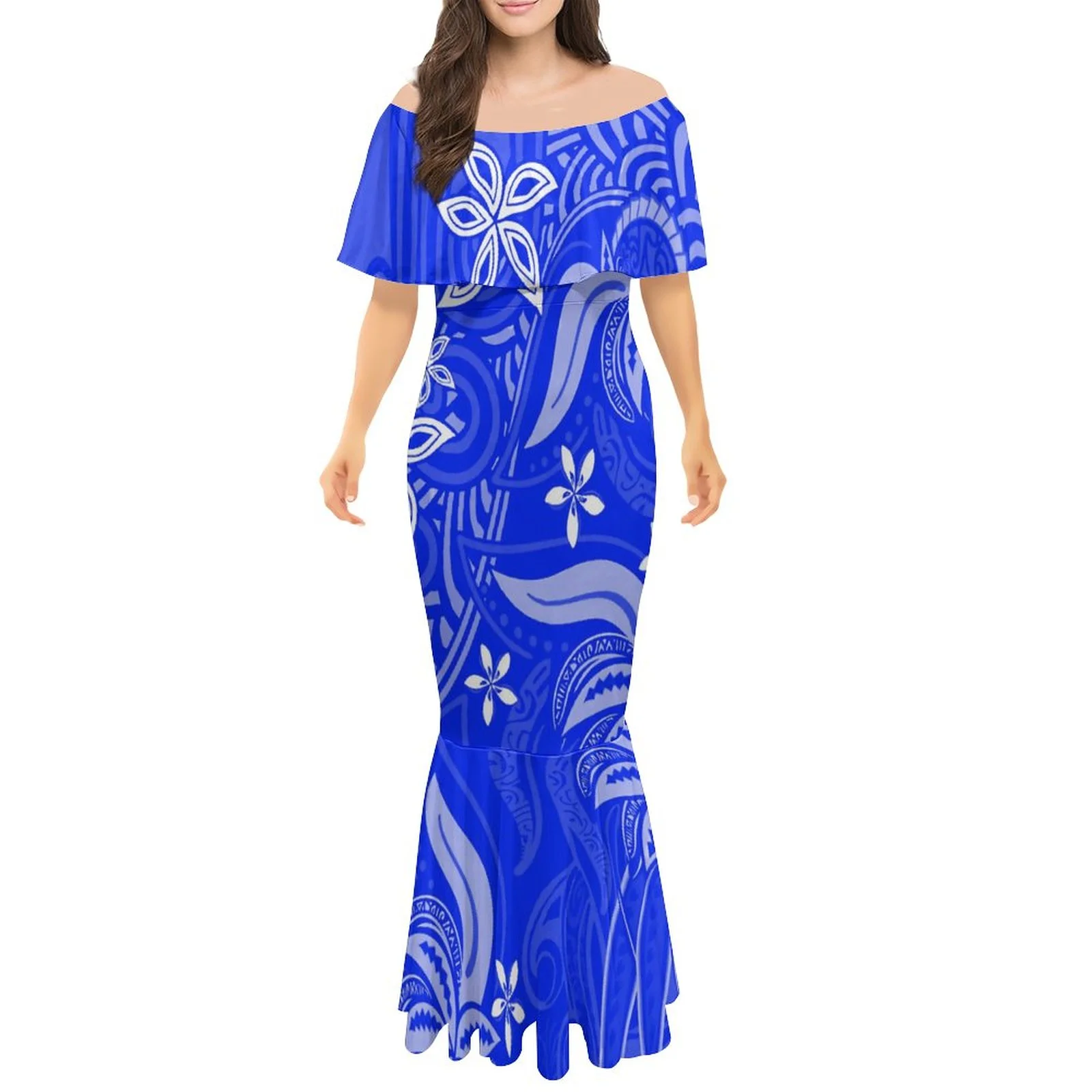 Sublimation Print Shoulder Mermaid Dress Polynesian Tribal Customized On Demand Trendy One Shoulder Fishtail Dress Couple Dress