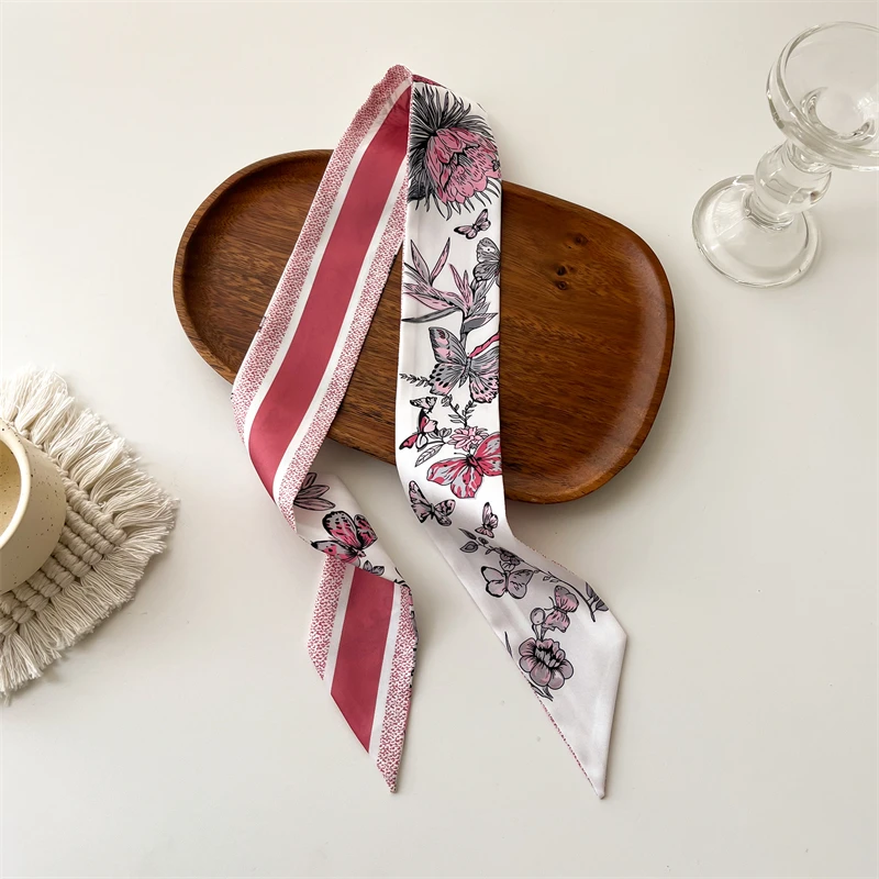 Luxury Design Floral Silk Skinny Scarf for Women Hairbands Soft Fashion Long Ribbon Bag Scarves Ties for Lady 2024 Spring New