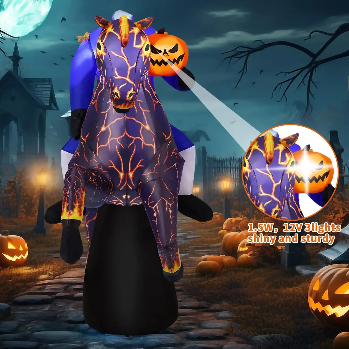 6FT Long Halloween Inflatables Headless Horseman Outdoor Decorations Blow Up Lightning Horse Yard with Built-in LEDs for Indoor