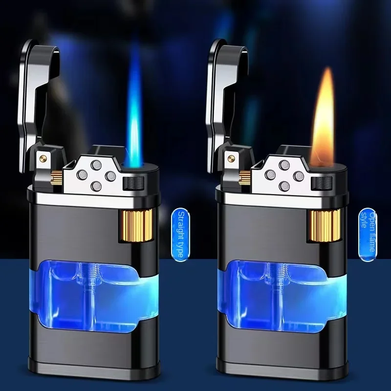 2023Transparent Warehouse Flame Gas Lighter Metal Torch Turbo Unusual  Creative Windproof Blue Butane Cigar Lighter Men\'s Gadget