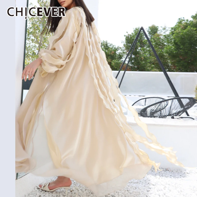 

CHICEVER Solid Loose Temperament Spliced Ruffles Dress for Women Bubble Petal Sleeve Elegant Long Dresses Female Fashion Style