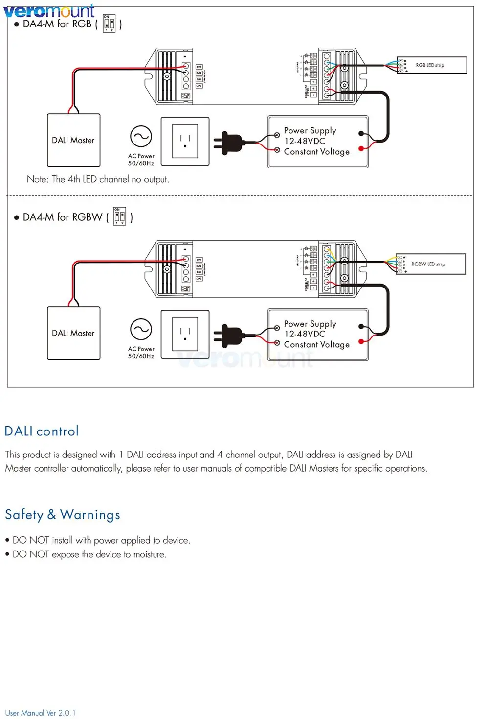 Skydance DA4-M DALI LED Dimmer 12V 24V 5A 4 Channel PWM Dimming Controller for Single Dual White RGB RGBW Color Led Strip Light