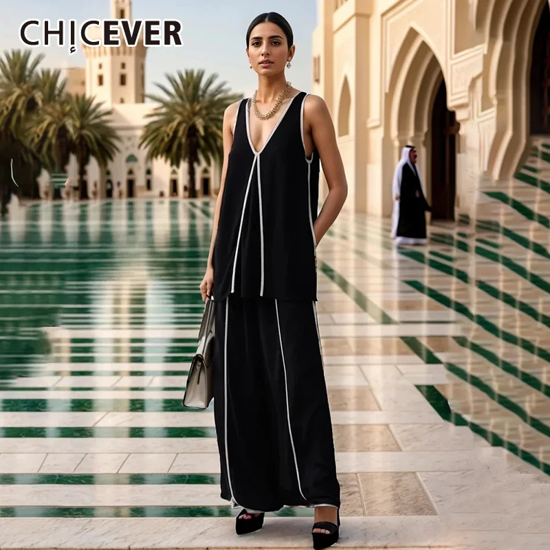 CHICEVER Colorblock Two Piece Set For Women V Neck Sleeveless Loose Top High Waist Long Pant Minimalist Summer Sets Female New