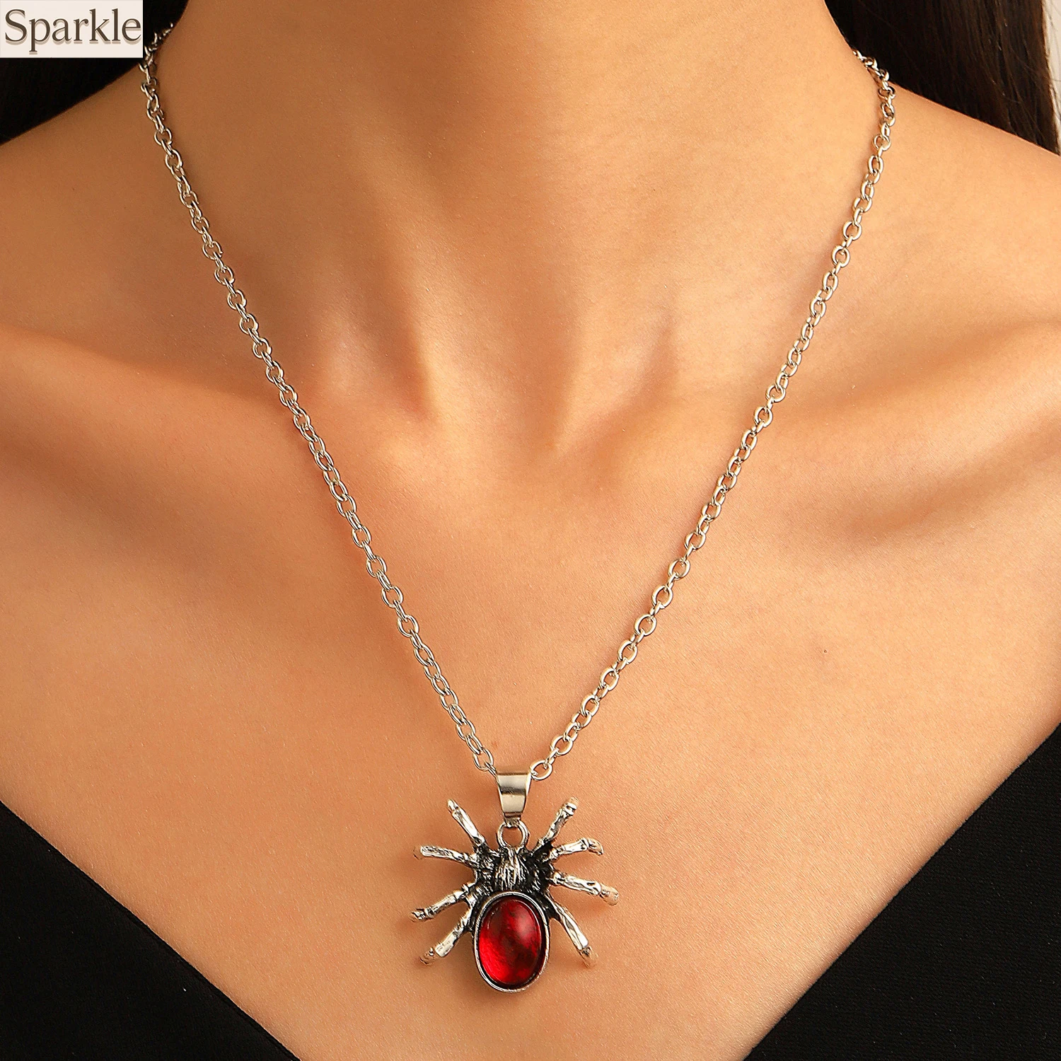 

Gothic Dark Spider Red Crystal Pendant Necklace INS Long Chain Choker Sweater Chain Y2K Punk Trendy Jewelry For Women Fun Gift