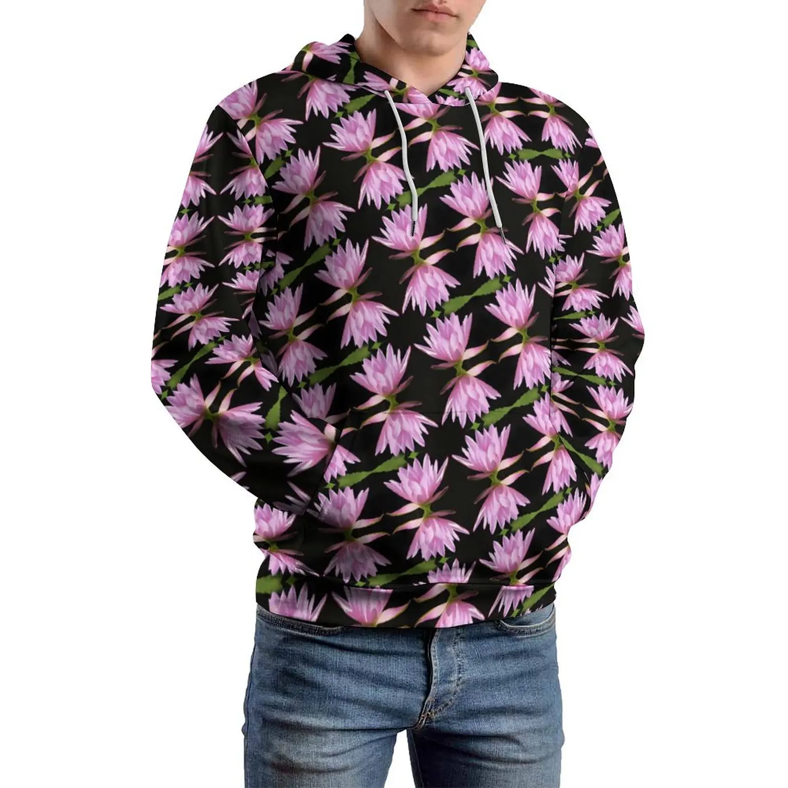 Pink Water Lily Loose Hoodies Floral Print Classic Hoodie Men Long Sleeve Cute Custom Sweatshirts Plus Size