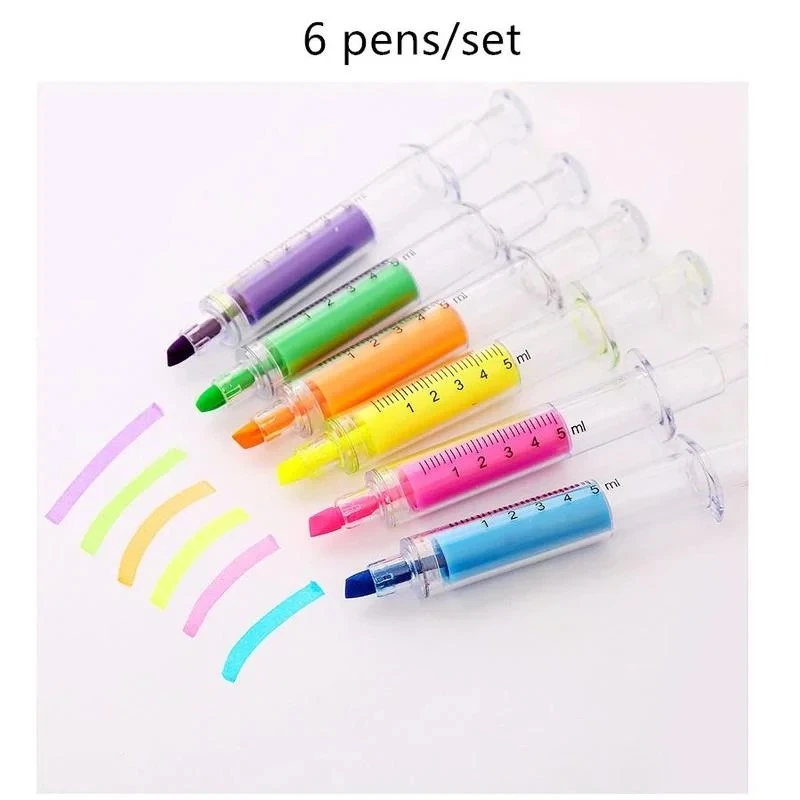 6PCS Syringe Fluorescent Highlighter Color Marker Liner Novelty Office School Student Learning Supplies