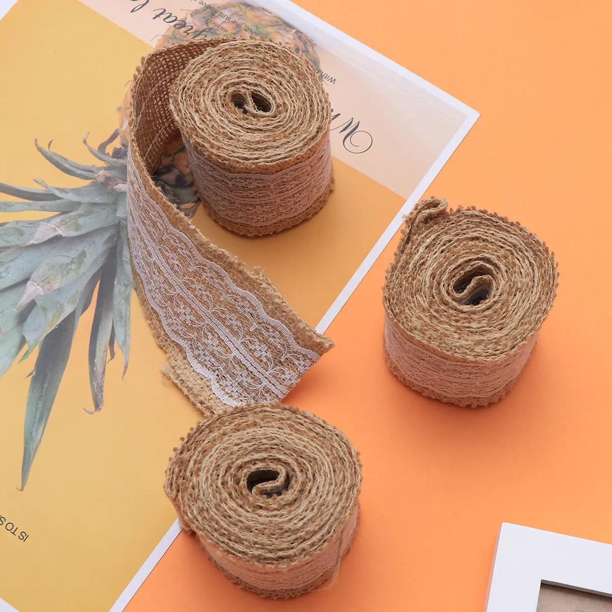 

6 Rolls Wedding Decorative Burlap Fabric Ribbons Jute Roll with Lace for Craft Gift DIY Projects 200x5cm