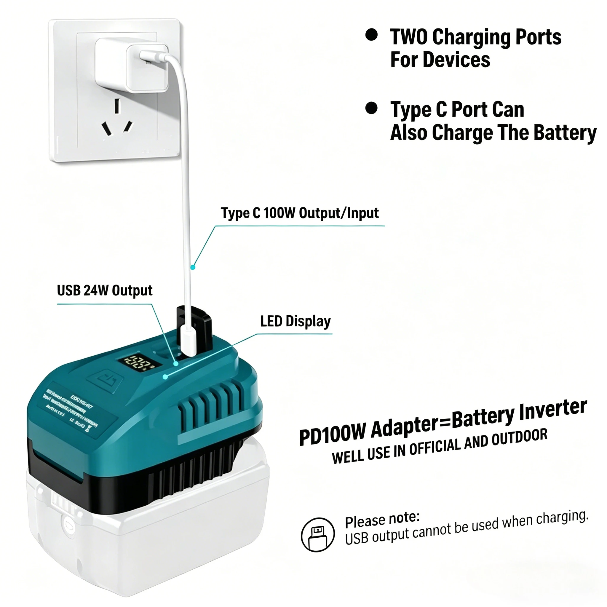 

Адаптер питания 100 Вт, USB-зарядное устройство для преобразователя литий-ионных аккумуляторов Makita 18 В с LED-дисплеем и портом USB Type-C