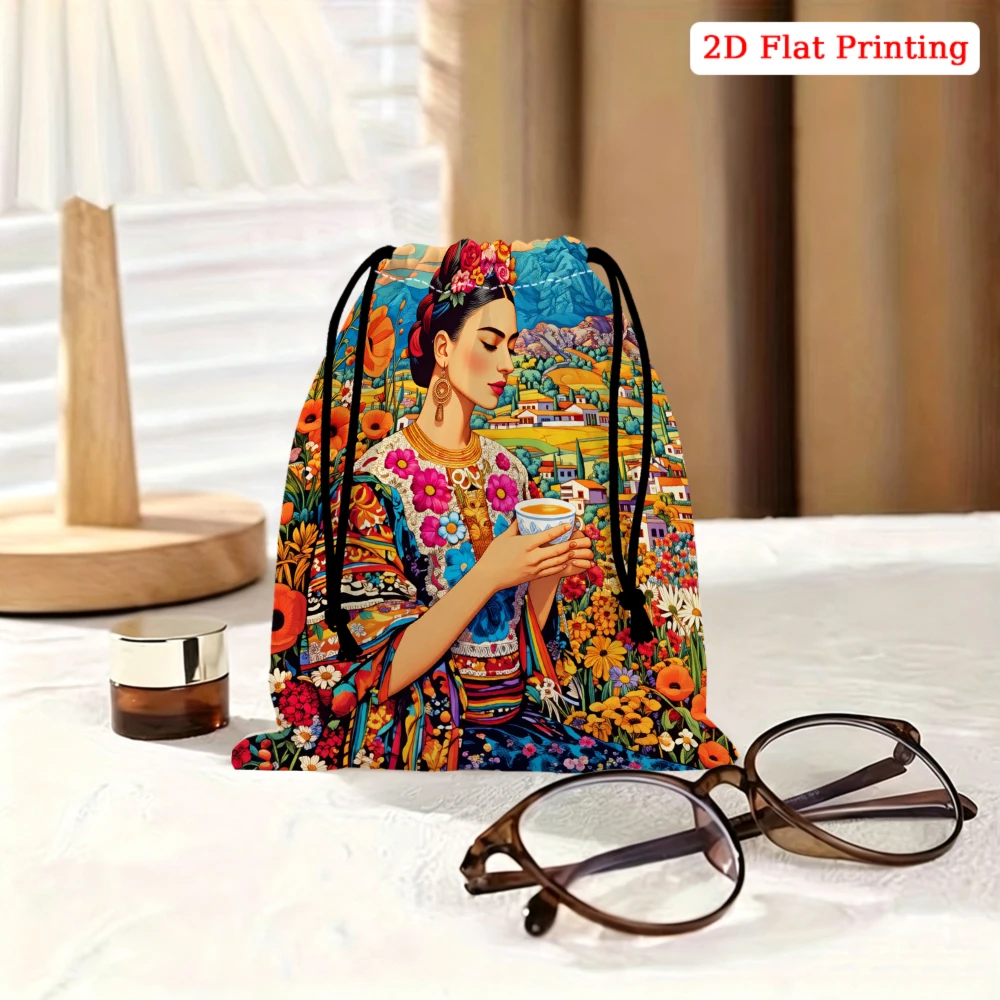 1Pc Vibrant Frida Kahlo Art Print Drawstring Bag Colorful Floral Portrait Storage Small Pouch Travel Gym Organizer For Women Lig