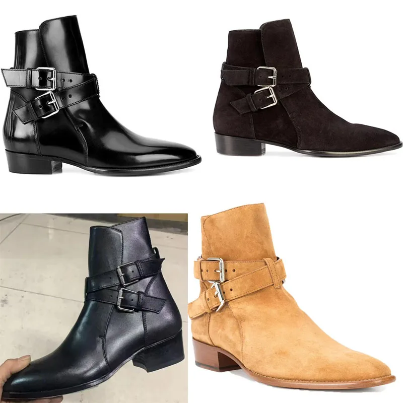 British Style Double Straps Buckle Tan Cow Suede Ankle Boots Pointed Toe Men Square Heel Slip On Chelsea Boots Zapatos Hombres