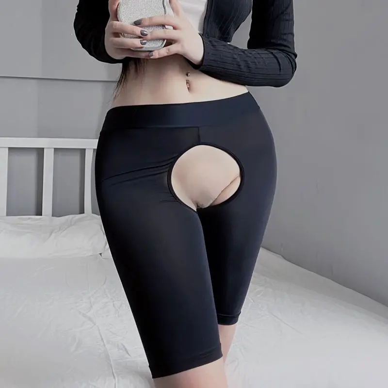 

Sexy Open Crotch Ice Silk Thin Glossy Leggings Shorts Casual Sleeping Shorts Bottoms Underwears