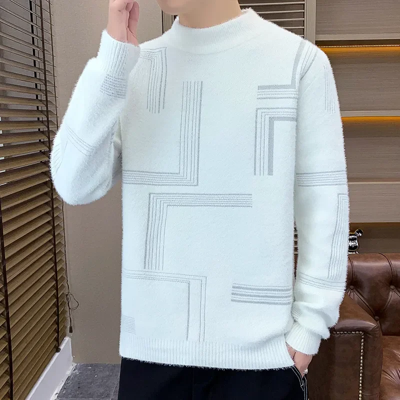 

Men's Autumn Winter Half Turtleneck Mink Velvet Sweater Loose Thickened Warm Base Layer Casual Versatile Knit Pullover Top