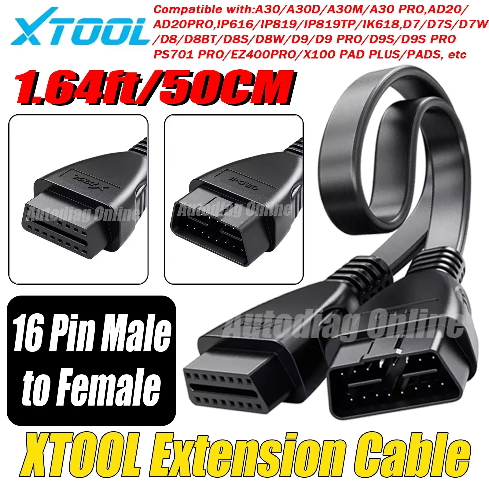 

Удлинительный кабель XTOOL для сканеров OBD2 A30/A30D/A30M/A30X, 16-контактный разъем (штекер-гнездо) для D7, D8/BT, D9/Pro, IP616, IP819