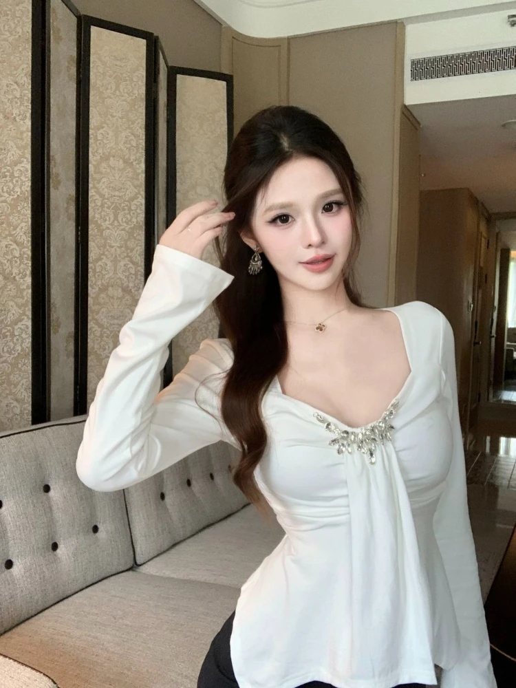 

Women French Style Rhinestone Square Neck Long Sleeve Top Fitted Waist Autumn Casual Tee Elegant Basic Layering Shirt