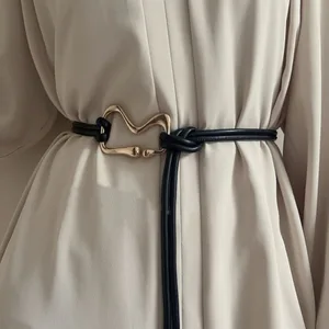 Vintage PU Leather Women Thin Belt Rope Knotted Long Dress Coat Waistband Golden Buckle Waist Chain Ladies Black Straps