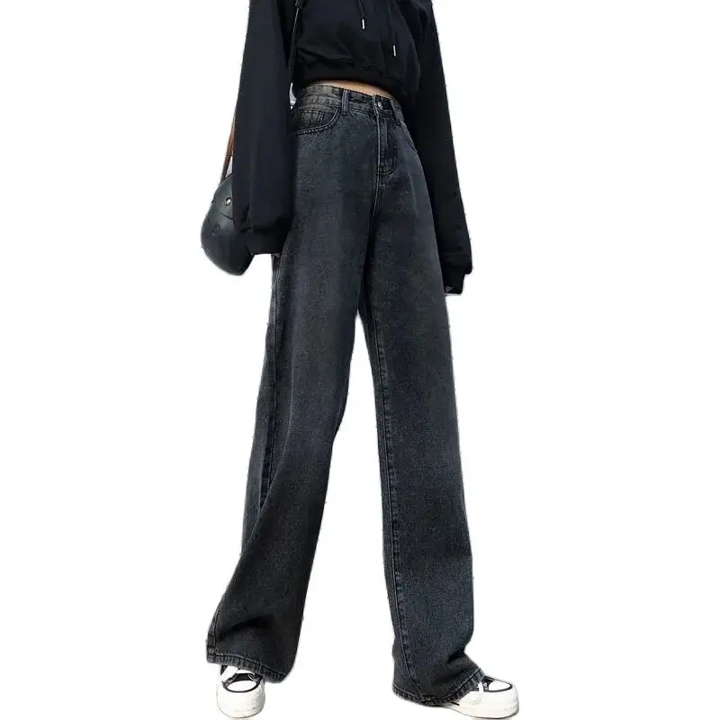 

New Tall Person Lengthen Black Jeans Women Spring Autumn Loose Straight Trousers Lady Casual Denim Wide-leg Pants 170-180cm Wear