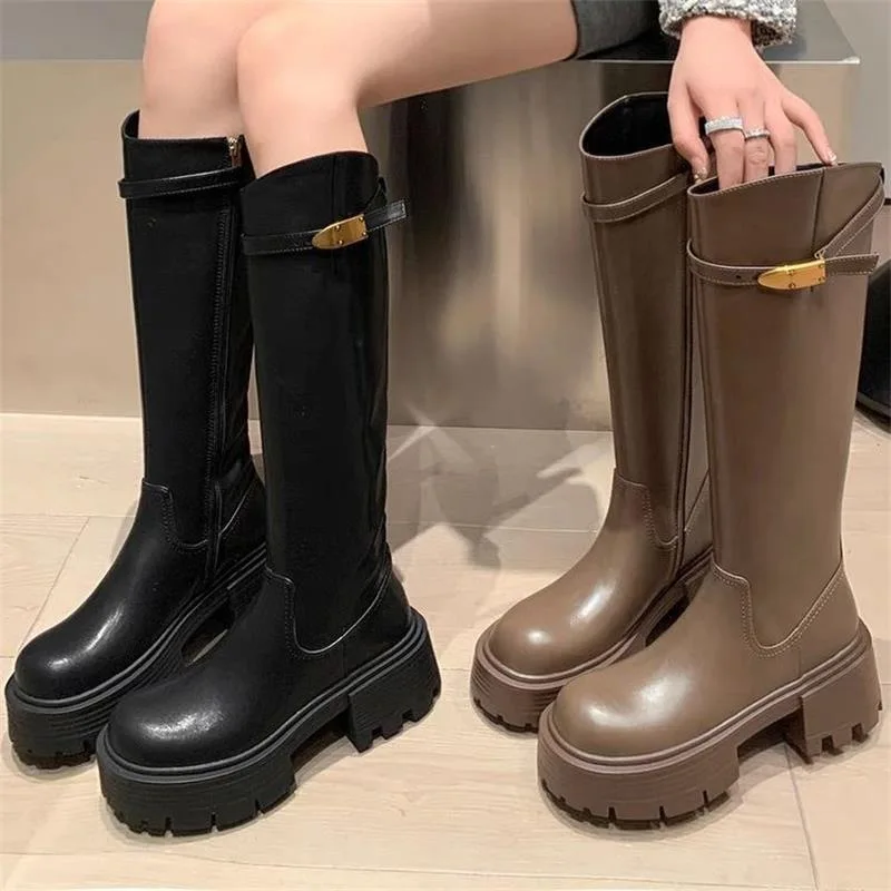 Retro Fashion Knight Boots Women 2025 Autumn Winter New Thick-Soled High-Heeled Boots Fashion Metal Buckle Knee-High Boots Women