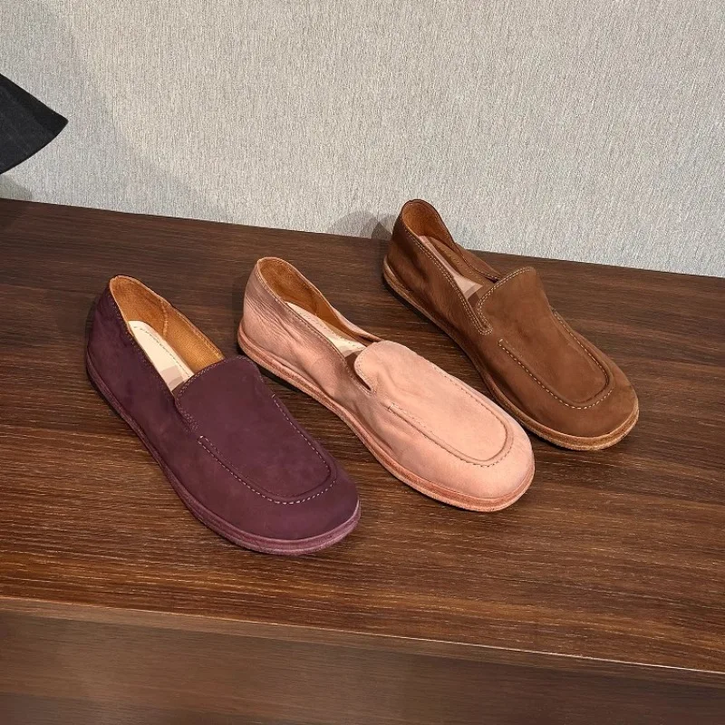 

New Genuine Cow Leather Retro Round Head Flat Single Shoes Women Slip on Loafers Casual Driving Shoes Female