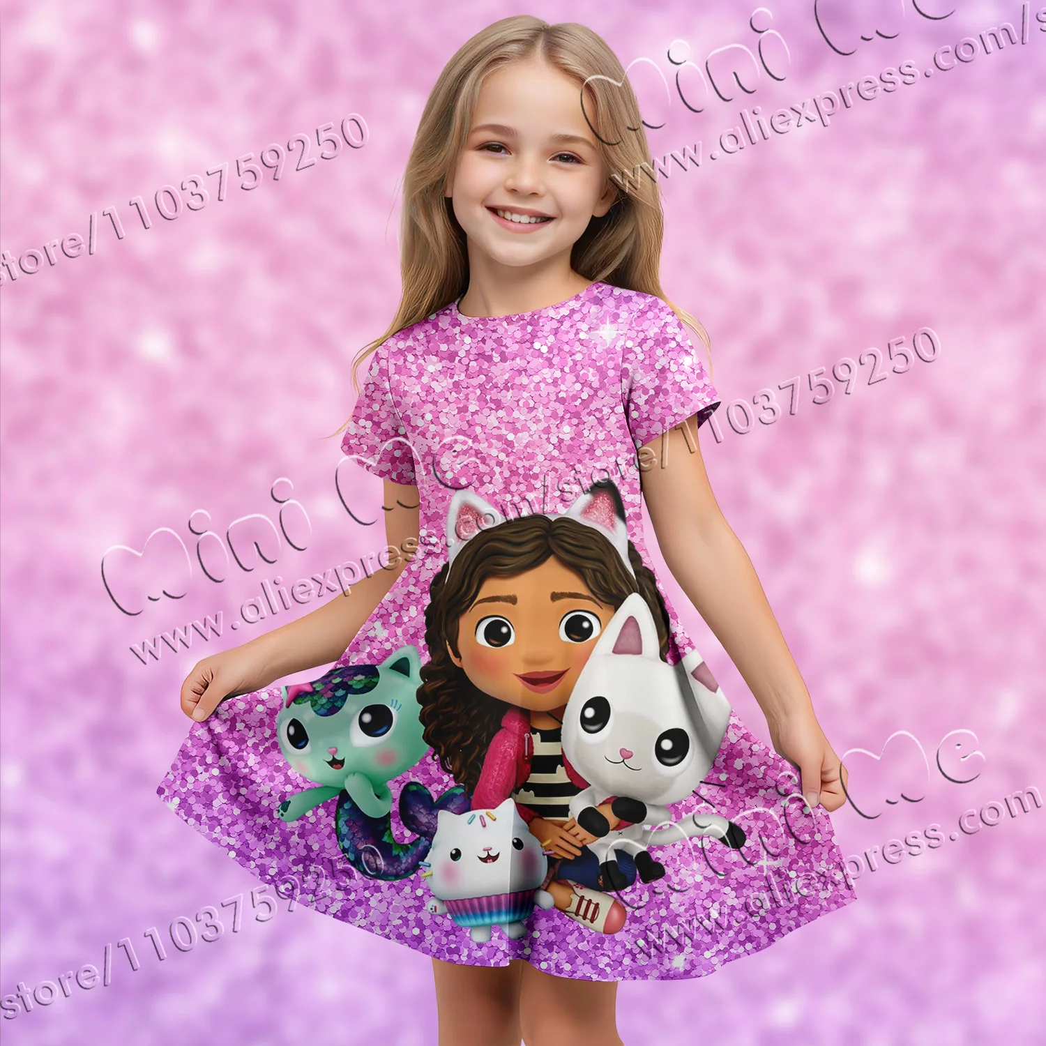 MINISO Authorized Sequins 3d Printing Gabby Dollhouse Elegant Dresses Girl Clothes Summer Dress Holiday Dress 2024 Children