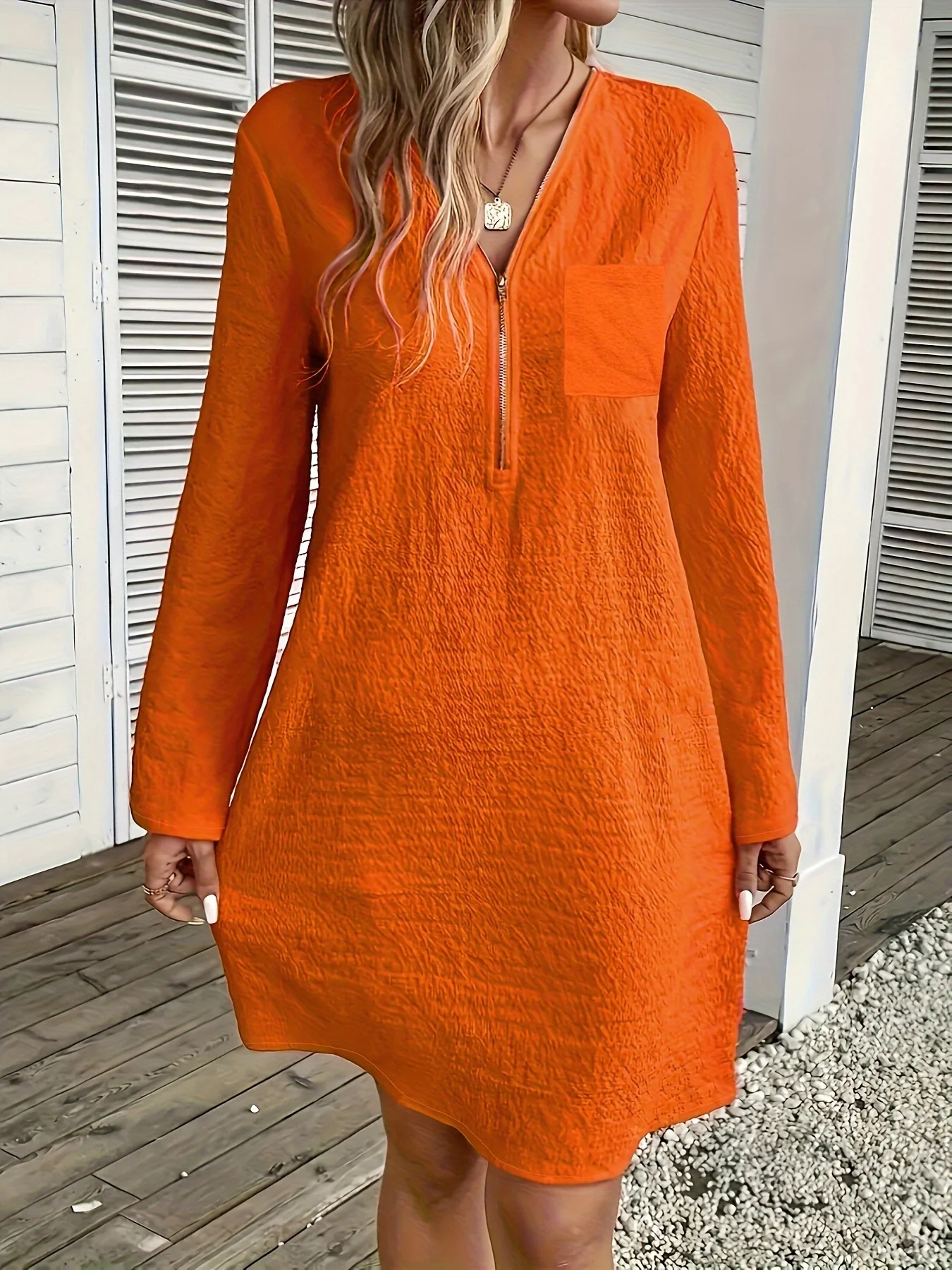 Plus size autumn elegant simple solid color zip-up V-neck dress straight sleeve sleeve rope office  wear  loose version 1XL-5XL