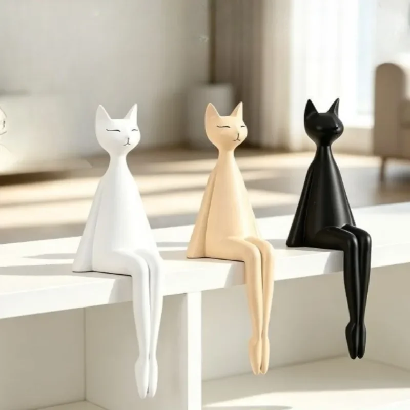 Resin Sitting Cat Figurines Minimalist Dangling Leg Design Cat Statue Home Decor Modern Abstract Tabletop Ornament Craft Gift