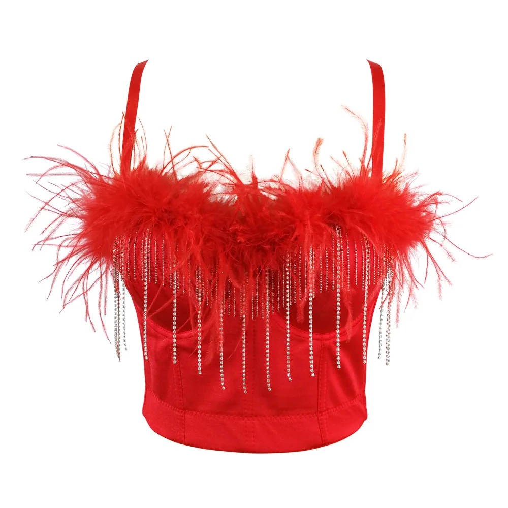 

European and American fishbone waistband bra with ostrich feather top studded tassel chain vest Halloween dress